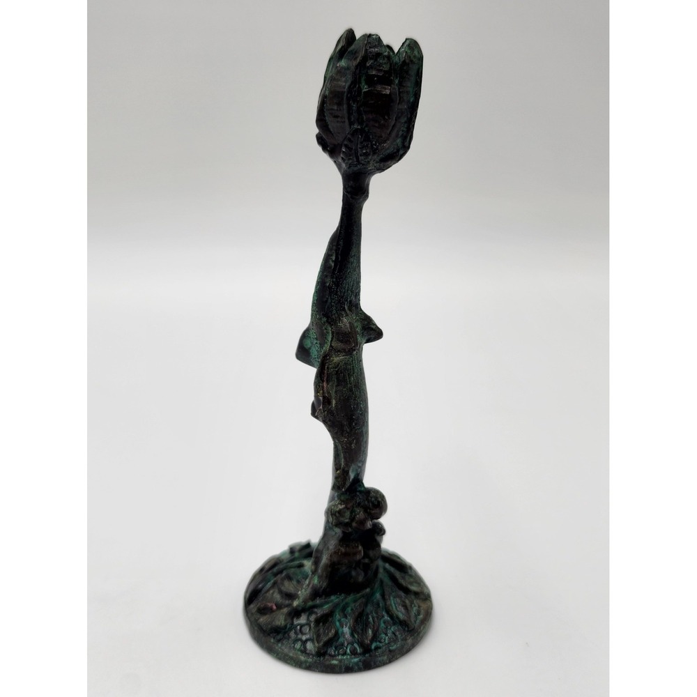 Antique French Bronze Art Nouveau Candlesticks Flower Rose Motif Petina